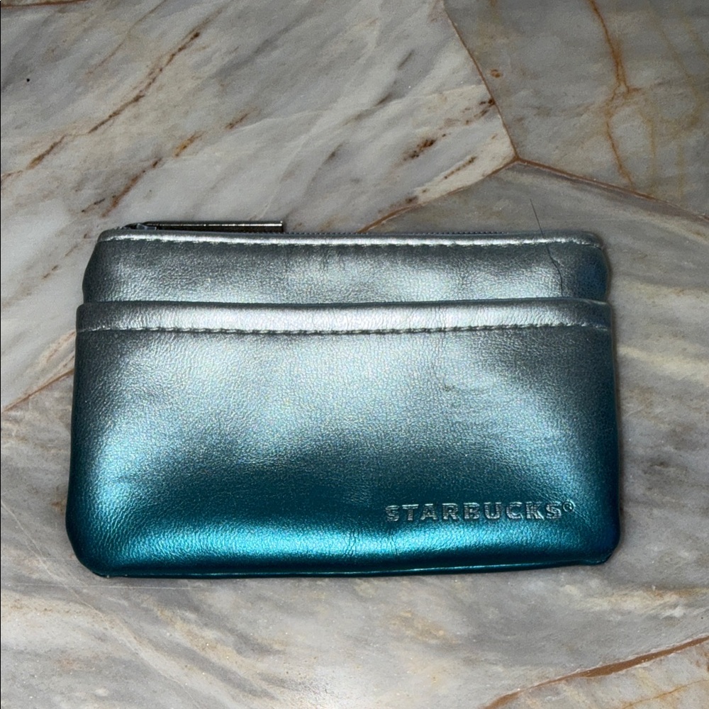 Starbucks Metallic Silver Teal Ombre Coin Purse Card Holder Zip Pouch Accessory